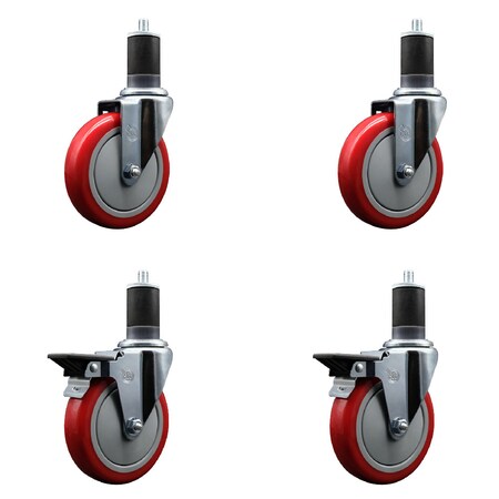Service Caster 5'' Red Poly Wheel Swivel 1-5/8'' Expanding Stem Caster Set 2 Brakes, 4PK SCC-EX20S514-PPUB-RED-2-PLB-2-158